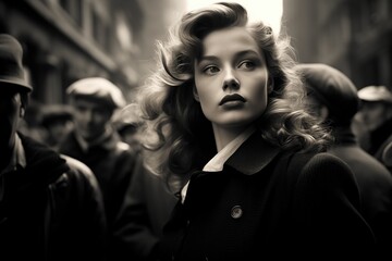 Wall Mural - Retro vintage front shot , beautiful young woman, wool cap, brown eyes, American city street in background