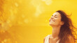 woman against a yellow background, sunlight, relaxation, well-being, health, harmony,