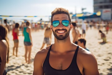 Photo of a smiling young man enjoying the beach