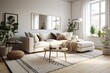 Brightly lit Scandinavian living room with a large carpet, cozy sofa, mirror, and potted plants near a window. Generative AI