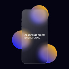 Poster - glassmorphism background banner with transparent glass frame smartphone template . Realistic Frosted glass morphism effect with blurred abstract gradient blue circle shapes. Vector illustration