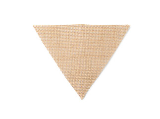 triangle made of burlap fabric isolated on white, top view