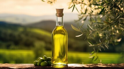 Wall Mural - Olive oil in a glass bottle on a wooden table with olive trees under the morning sun. green olives. raw materials for olive oil. view of the garden with olive trees.
