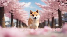 Cute Shiba Inu At The Japanese Street With Blooming Sakura Trees And Blue Sky On The Background

