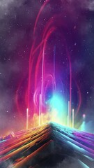 Wall Mural - An abstract landscape with a colorful animated cosmic sky in the background.