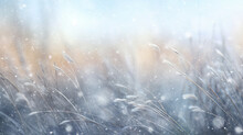 Beautiful Winter Background, Blurred Snowfall In The Field, Dry Blades Of Grass Covered With Snow And Frost, Nature