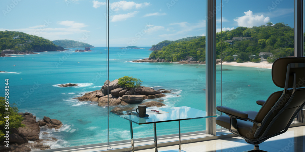 Reflection Zoom Design Office with Blue ocean panorama with sun reflection, Zoom Virtual ...