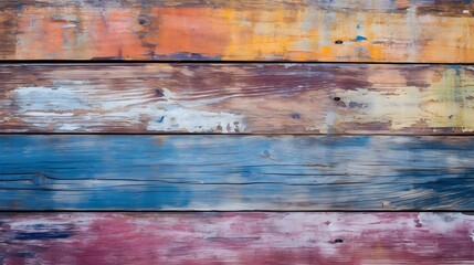 Wall Mural - old painted wood background, Abstract view of an old, weathered wooden wall with vibrant, multicolored paint,