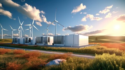 Aufkleber - Wind Turbines and Li-ion Battery Container, A modern battery energy storage system with wind turbines and solar.