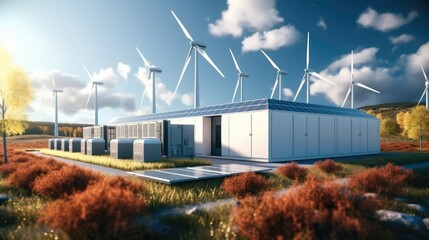 Aufkleber - Wind Turbines and Li-ion Battery Container, A modern battery energy storage system with wind turbines and solar.