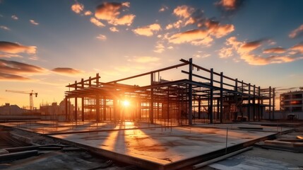 Aufkleber - Metal structure, Construction site of large building with evening sky sunset background.