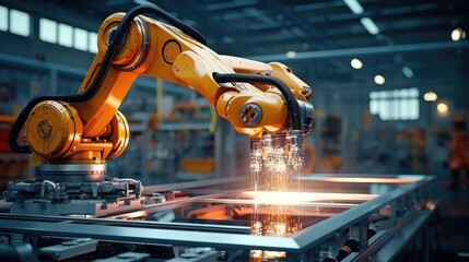 Aufkleber - Welding robots, Industrial robot works automatically in smart autonomous factory.