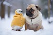Puppy and bird friends in cold weather sitting on snow in snowy forest. A little dog and a birdie dressed in warm clothes play in the winter season.