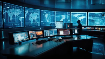 Aufkleber - Empty desks and computers in a control room, Powering the Future, Smart Grid Control Center.