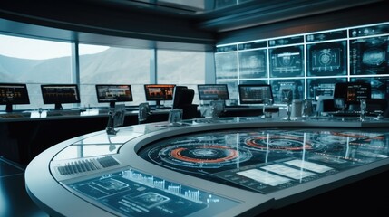 Aufkleber - Empty desks and computers in a control room, Powering the Future, Smart Grid Control Center.