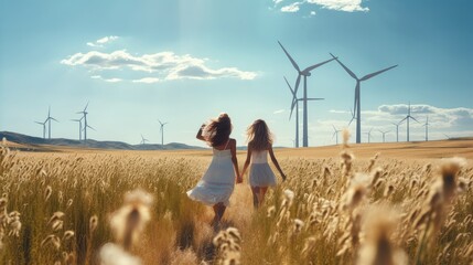 Poster - Cheerful women walking in field by wind turbine, Wind clean renewable energy concept.