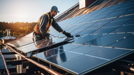 Poster - Technicians install solar panels on a residential building.