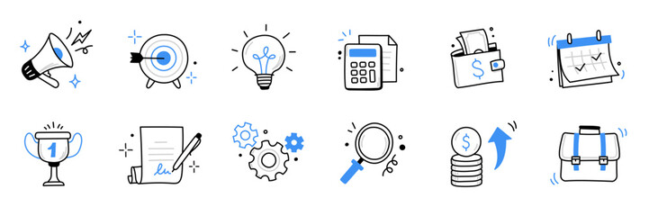 Wall Mural - Hand drawn business, money icon set. Finance target, money goal sketch drawn cute trendy doodle icon. Business money, finance calculator, economic briefcase elements. Vector illustration