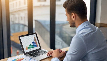 man sits comfortably with his laptop, engrossed in analyzing a business graph, strategic thinking, he navigates through the data, making informed decisions to drive growth