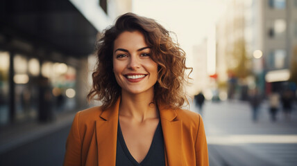 Wall Mural - Portrait of a happy woman in the city