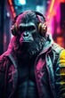 portrait of a party monkey ape with headphones on a colorful abstract background. AI generative