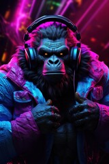 portrait of a party monkey ape with headphones on a colorful abstract background. AI generative