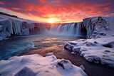aerial view of Godafoss waterfall at sunset in winter, iceland