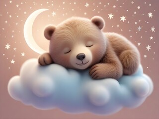 Cartoon illustration of a baby before sleeping. Cute and adorable bear cub sleeping on a cloud with a pastel color background. Generative AI