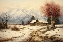Vintage Winter Farmhouse With Mountain Backdrop, Art Print From 1872. Generative AI