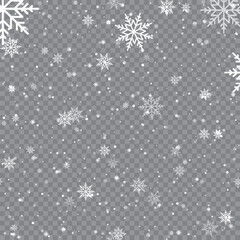 Wall Mural - Xmas and New Year pattern with falling snowflakes on transparent background. Vector