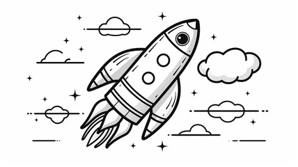 black and white sketch illustration mock-up of a space rocket starting, coloring book for a children's book, thin black outline image