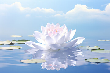 Wall Mural - The beautiful and relaxing scene of the pure bloom white  light pink lotus on a still water surface of a pond, Generative AI.