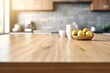 © Andrei Hasperovich - Empty beautiful wood table top counter and blur bokeh modern kitchen interior background in clean and bright,Banner, Ready for product montage