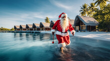 Santa Claus In The Maldives, Where There Is A Quiet And Calm Lagoon With Crystal Clear Azure Water And Palm Trees. Merry Christmas And Happy New Year Concept.