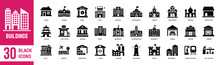 Building Solid Black Icons Set. House, Building, School, Bank, Government, Warehouse, Apartment, Church, Villa And Office. Vector Illustration