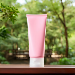 Wall Mural - Blank pink cosmetic tube on wooden table with nature background