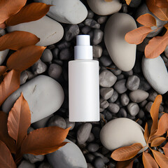 Wall Mural - Blank white cosmetic bottle on rocks and leaves background