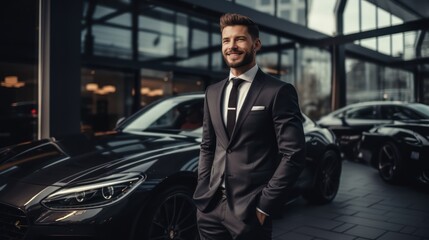 Successful businessman standing in front of modern car 