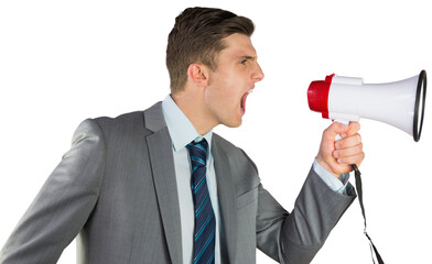 Poster - Digital png photo of caucasian businessman shouting using loudspeaker on transparent background