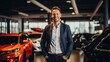 © kimly - Closeup shot of successful confident smiling caucasian male shop assistant holding clipboard in formal clothes looking at camera at automobile car dealer shop