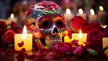 Sugar Skull With Detailed Patterns Among Red Roses, Illuminated By Numerous Candles. Celebration Of Life.