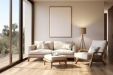 Fototapeta Panele - A blank mockup frame serves as a potential canvas for creativity in a small, sunlit, and cozy living room, providing a warm and intimate atmosphere. Photorealistic illustration
