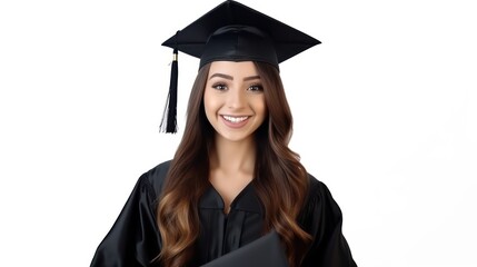 Wall Mural - young female graduate holding diploma white background 