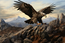 An Eagle Pounces On Its Prey On A Hill