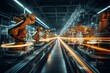a pristine assembly line gleaming under overhead lights, with long exposure blurring the movement of robotic arms, casting luminescent trails in the factory ambience
