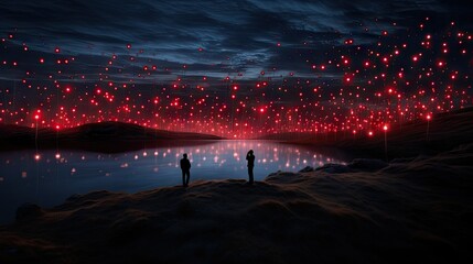 Wall Mural -  two people standing in front of a lake with red fireworks.  generative ai