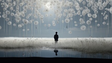 Poster -  a man standing in front of a bunch of dandelions.  generative ai