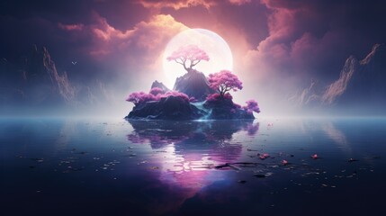 Wall Mural - an island in the middle of a lake with a tree on it. generative ai