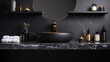 © Sunday Cat Studio - Black bathroom interior design, countertop washbasin with faucet on black marble counter in modern luxury minimal washroom.