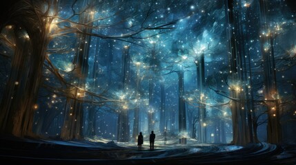 Canvas Print -  two people standing in the middle of a forest at night.  generative ai